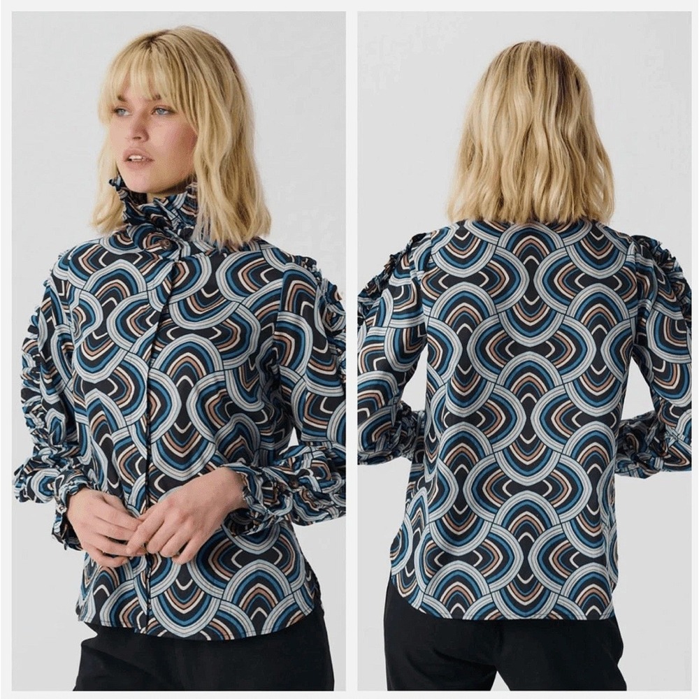 Dea Kudibal Blouse Women's Small‎ Ruffle Luxury Retro Geometric Print Coquette